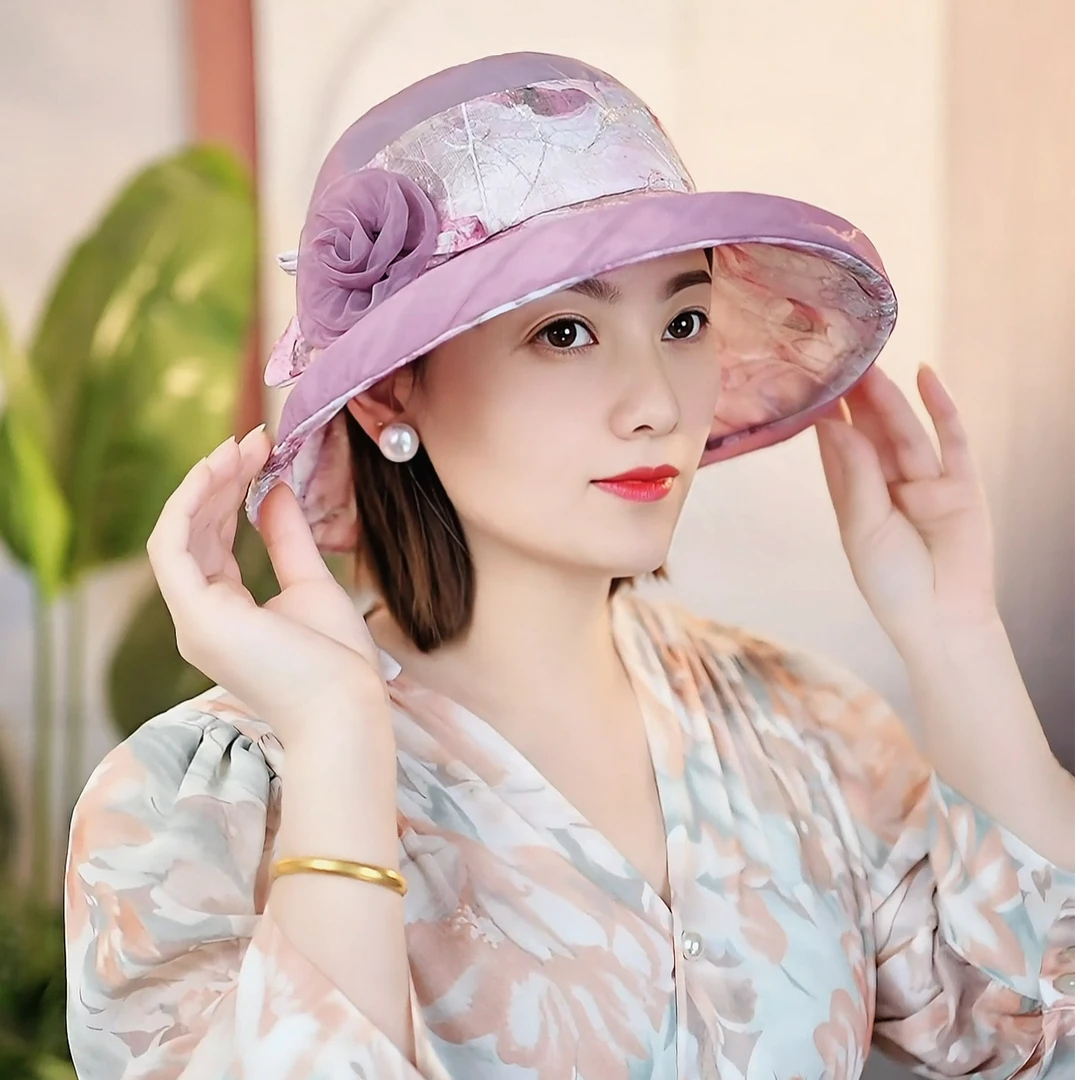 夏季新款帽子女时尚欧根纱太阳帽夏天遮阳渔夫帽气质妈妈防晒帽薄