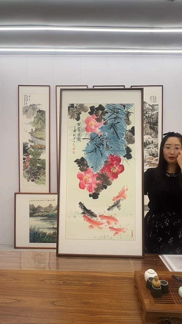 国画阿里丁  120*60  牡丹鱼