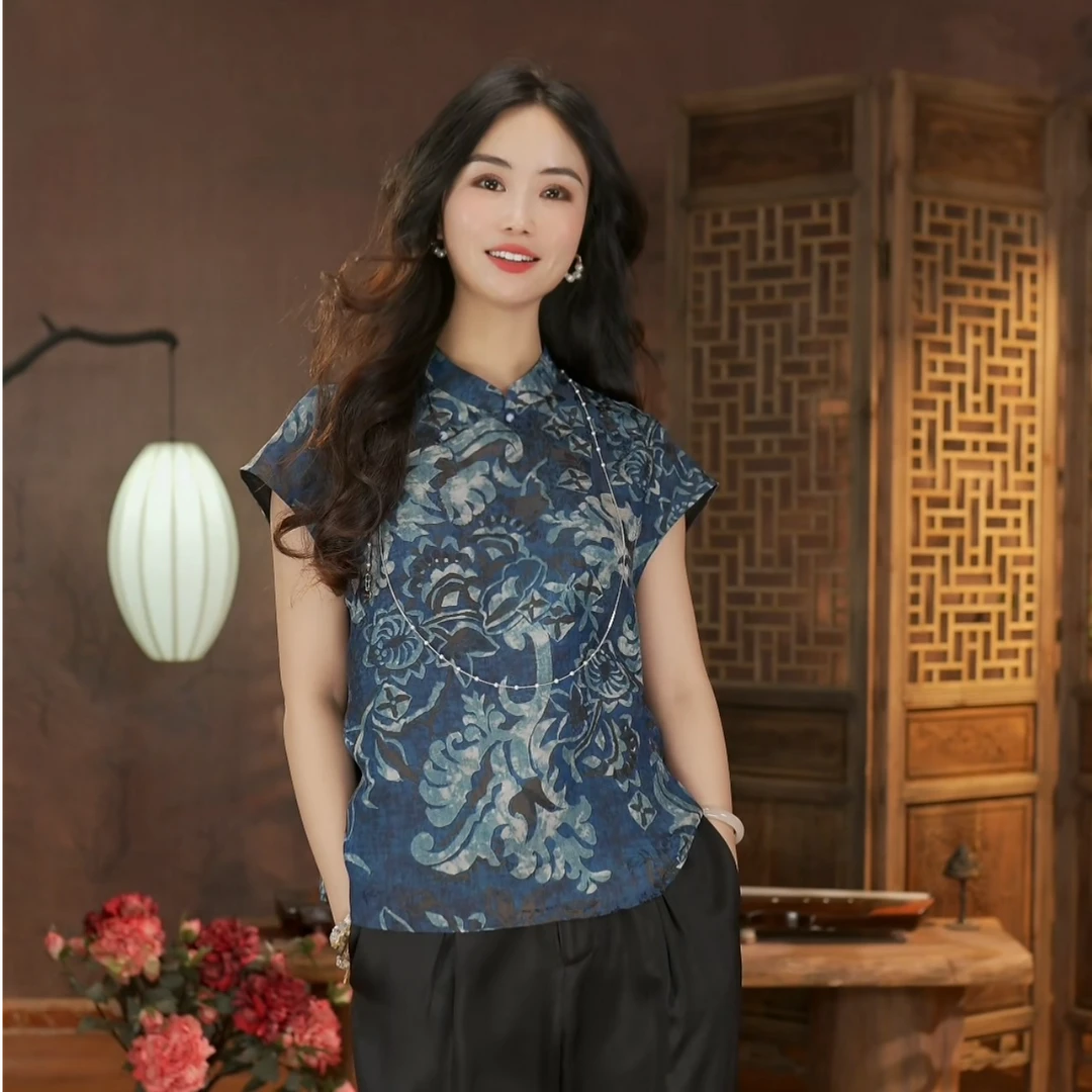 【东方婵韵】新中式时尚气质青花瓷旗袍领上衣DFCY288059