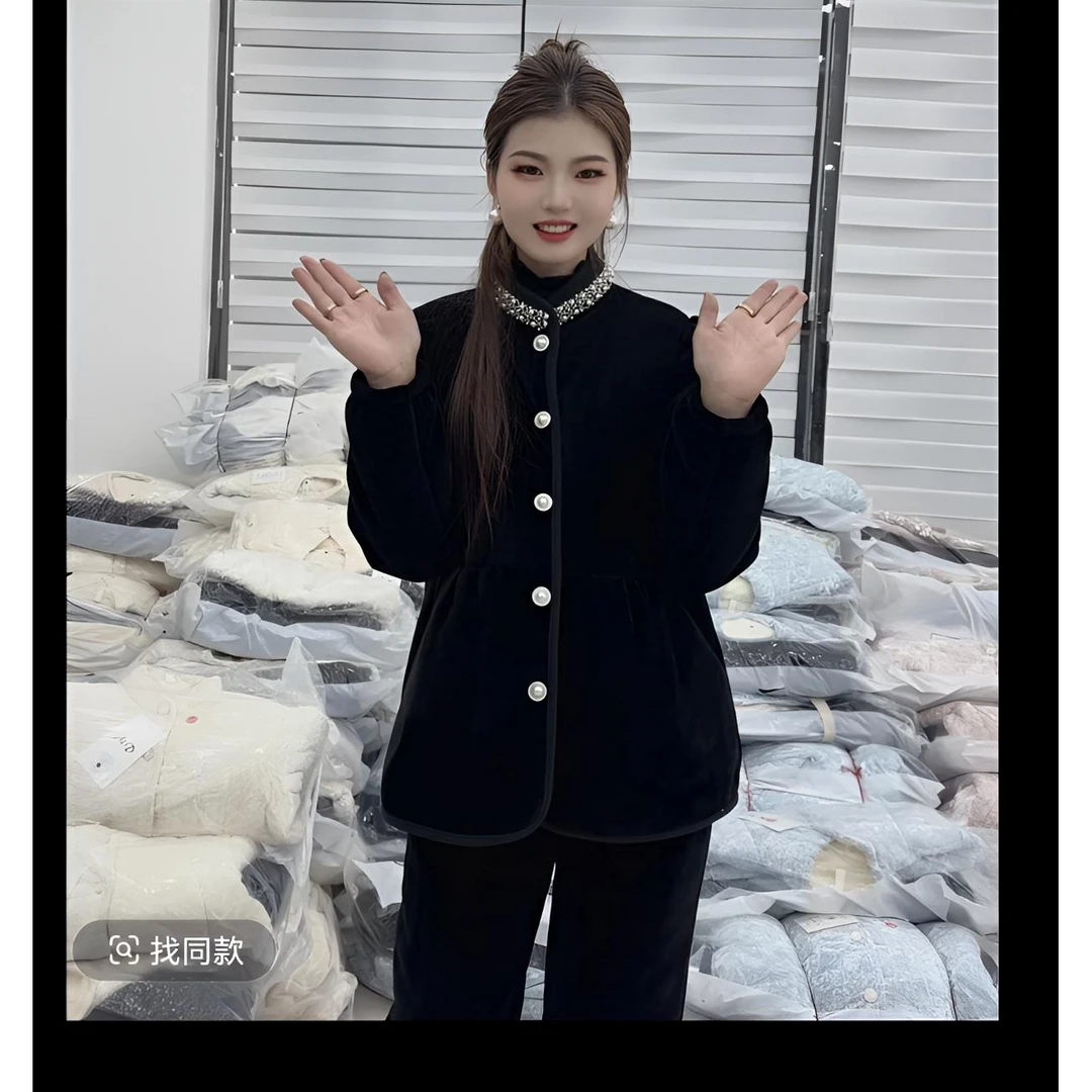 冬季新款加厚保暖家居服网红外套套装短款时尚百搭加绒女士室外