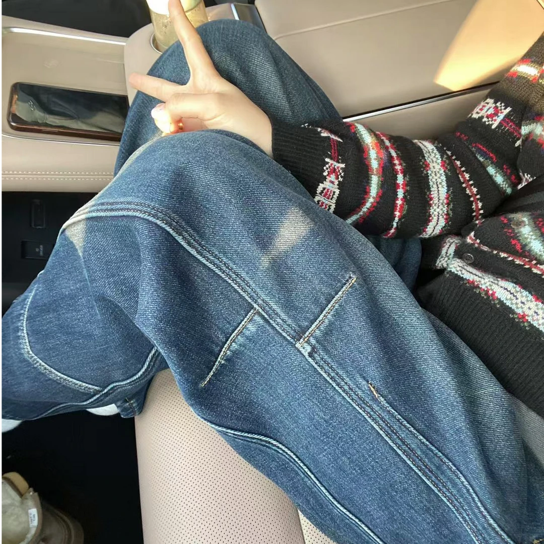 以赛亚 魔力梦境 25年BY100%棉加绒分割切线微弧直筒牛仔裤89367