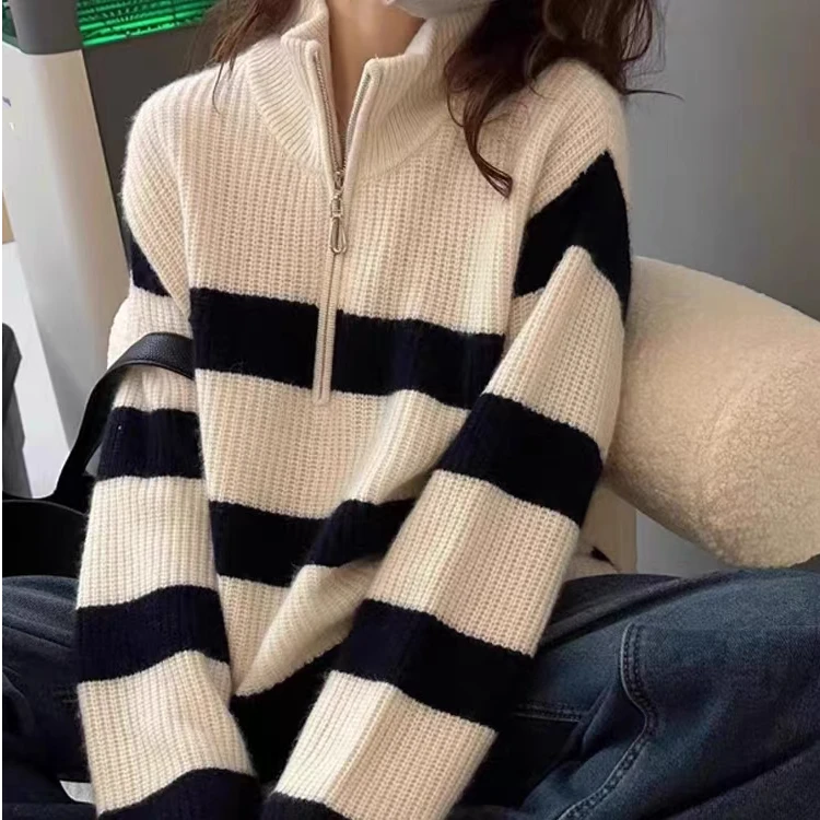 HMYM551 2025春季新款撞色宽条纹双拉链开衫毛衣