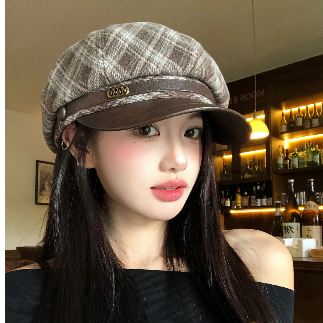 美拉德咖色格子八角贝雷帽女秋冬季大头围显脸小文艺报童画家帽子