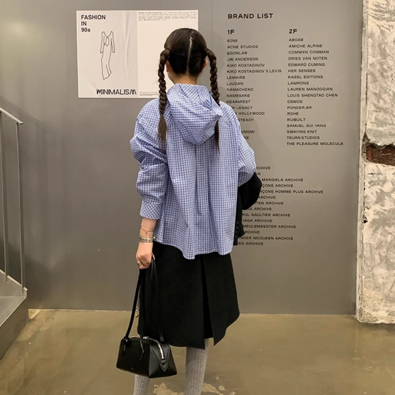 le rouge周美美 新学院主义蓝白格子可拆卸连帽翻领衬衫