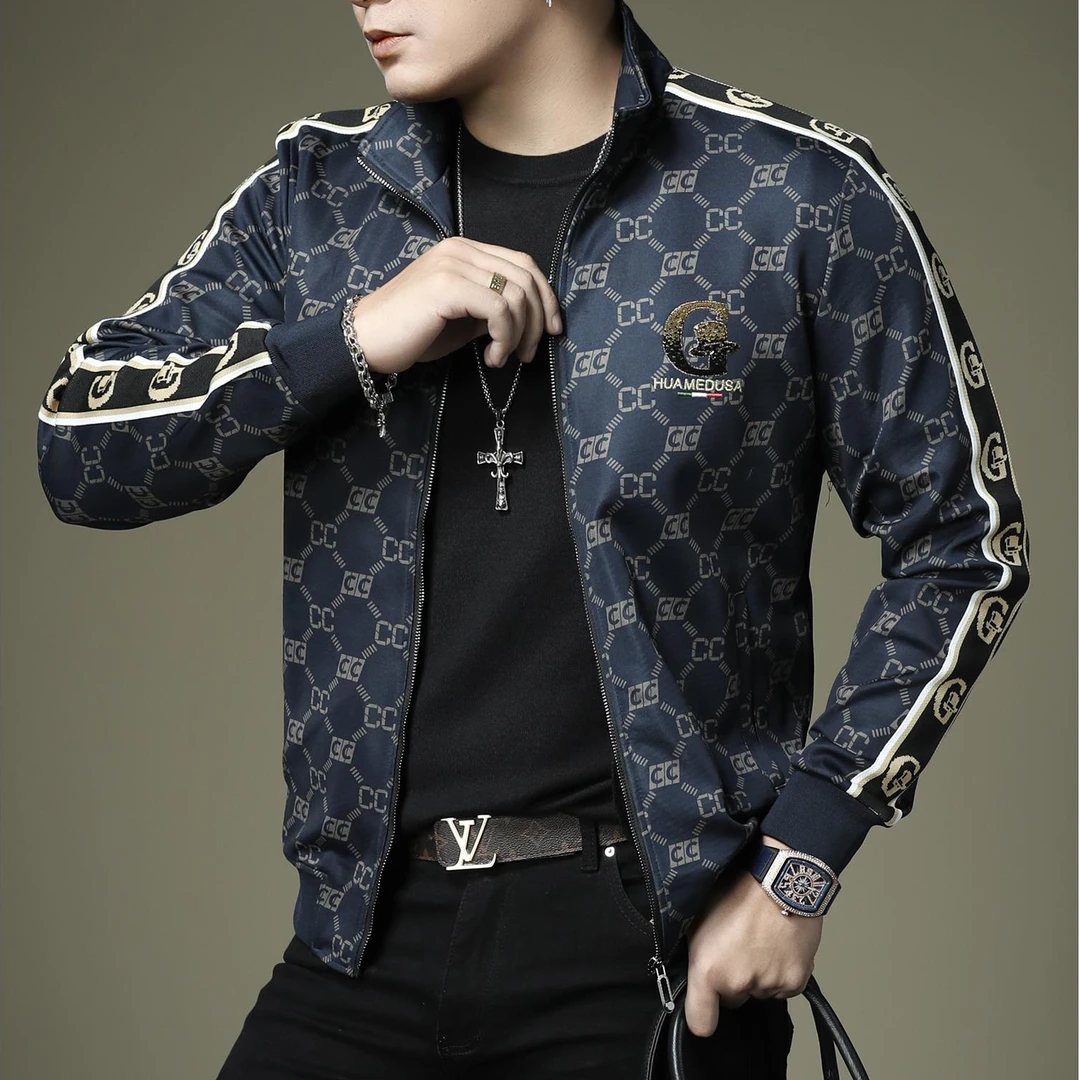 2025秋冬新款男士欧货潮流刺绣夹克外套高端潮牌织带男士休闲上衣
