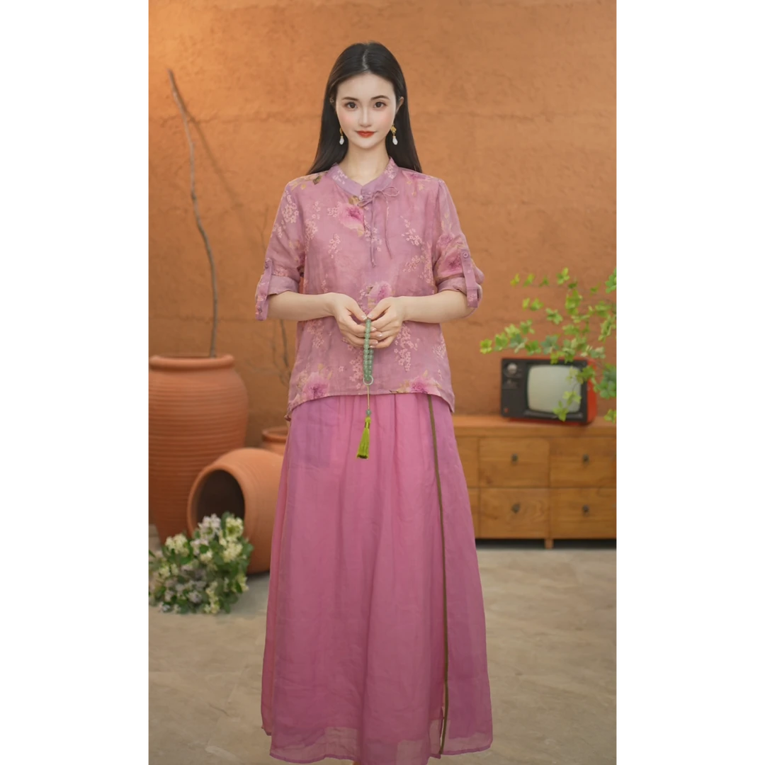 赠李白【芳华】100支苎麻两件套中国风宽松盘扣春夏气质套装6069