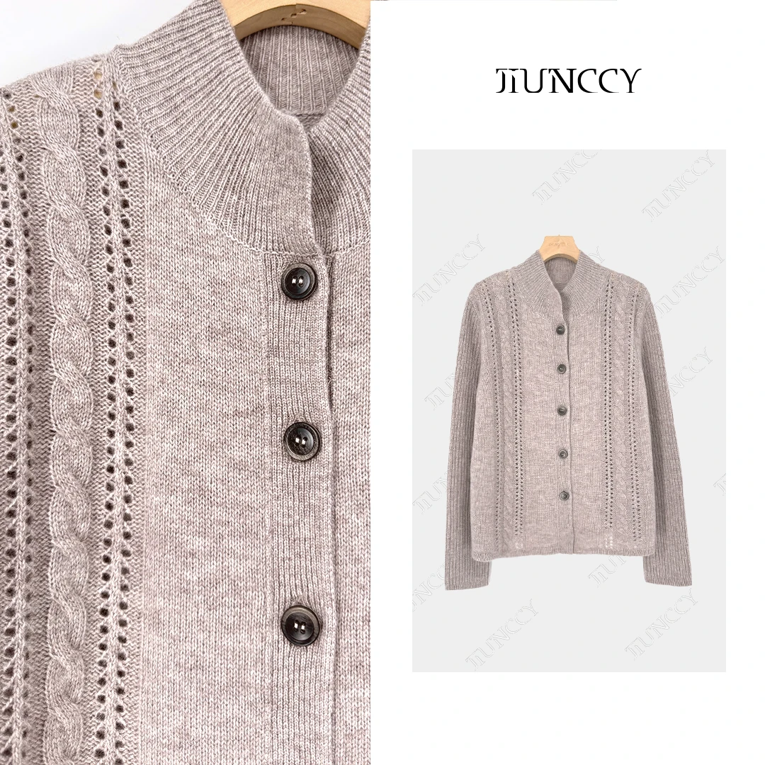 JIUNCCY【朝露】羊绒羊毛混纺麻花镂空织纹针织开衫外套 52YZZ116
