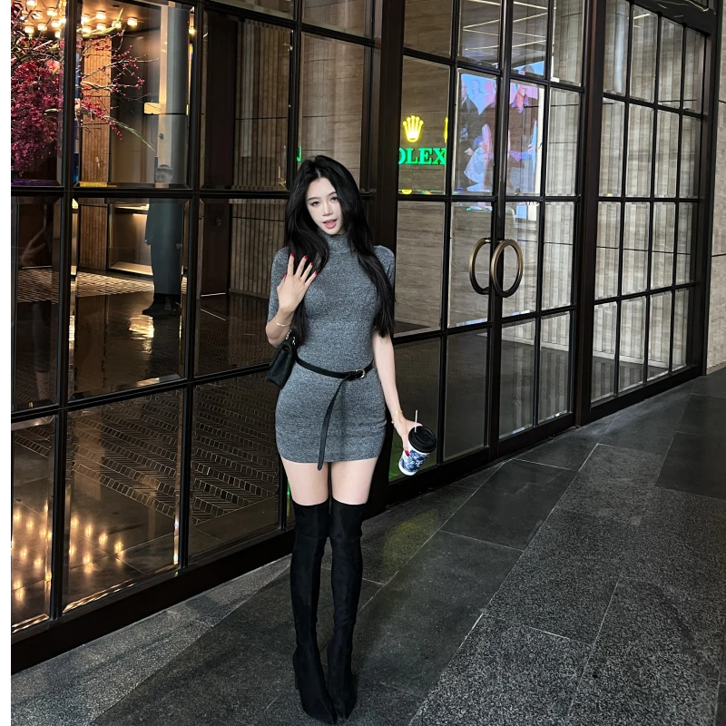 2025早春新款 御姐包臀裙半高领半袖毛织紧身连衣包臀短裙女