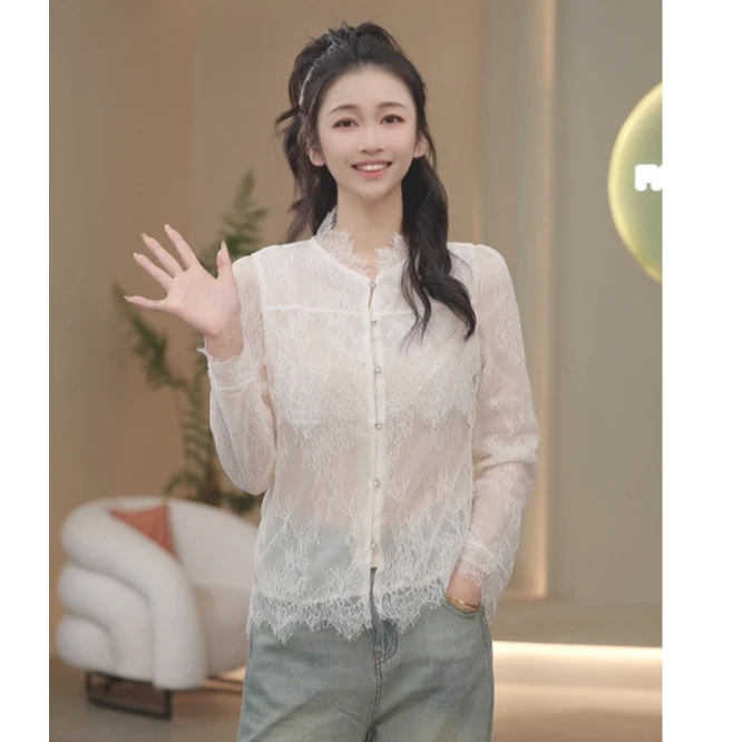 马克华菲女装新品早春长袖衬衫提花时尚镂空打底衫法式蕾丝CC