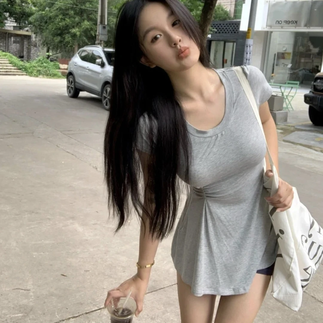 【6-8运补】圆领T裙掐腰正肩T恤女2025夏季显瘦上衣女+白色圆领