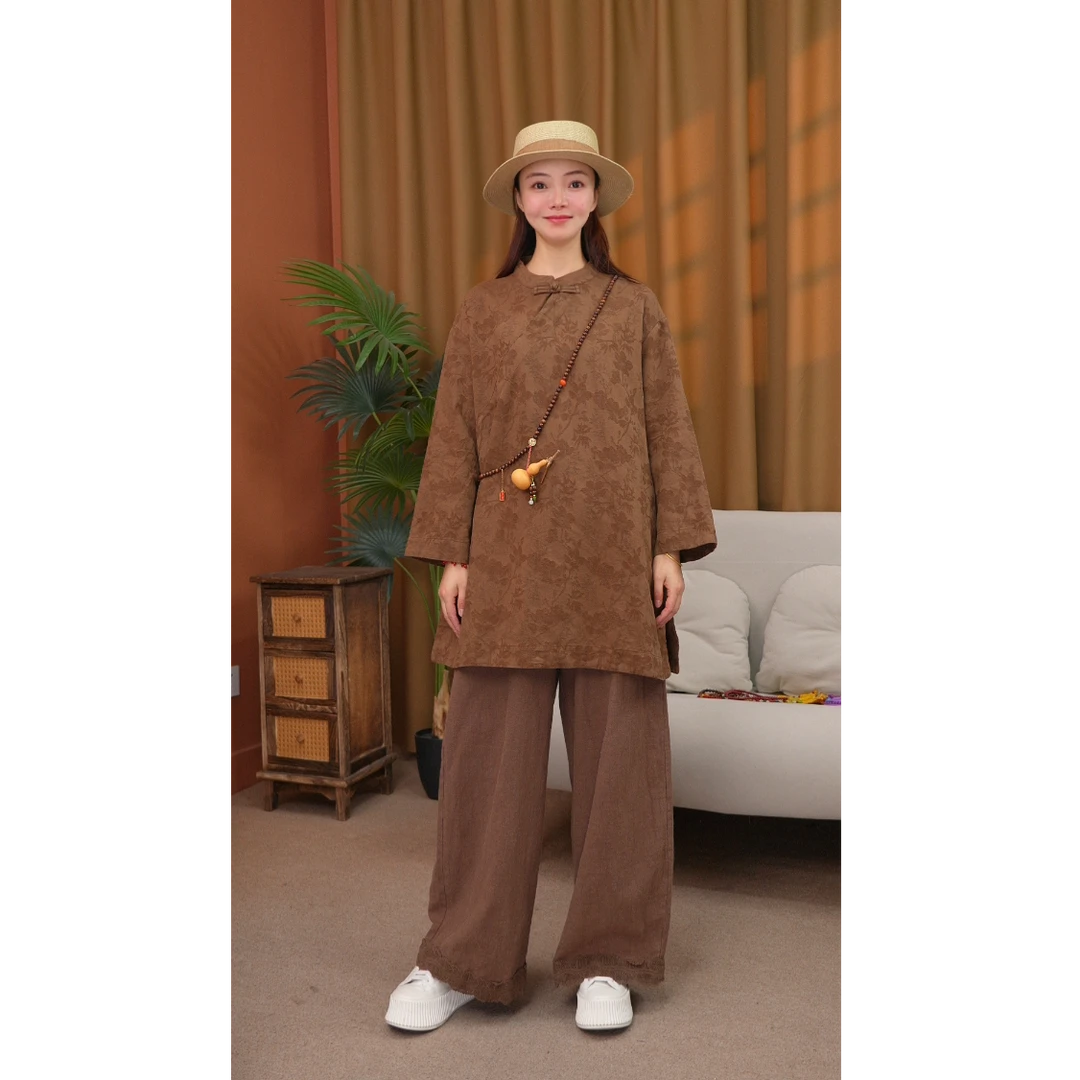 【茶花】汉麻袍子宽松碎花茶服新中式裙子秋冬款新款上新百搭保暖款