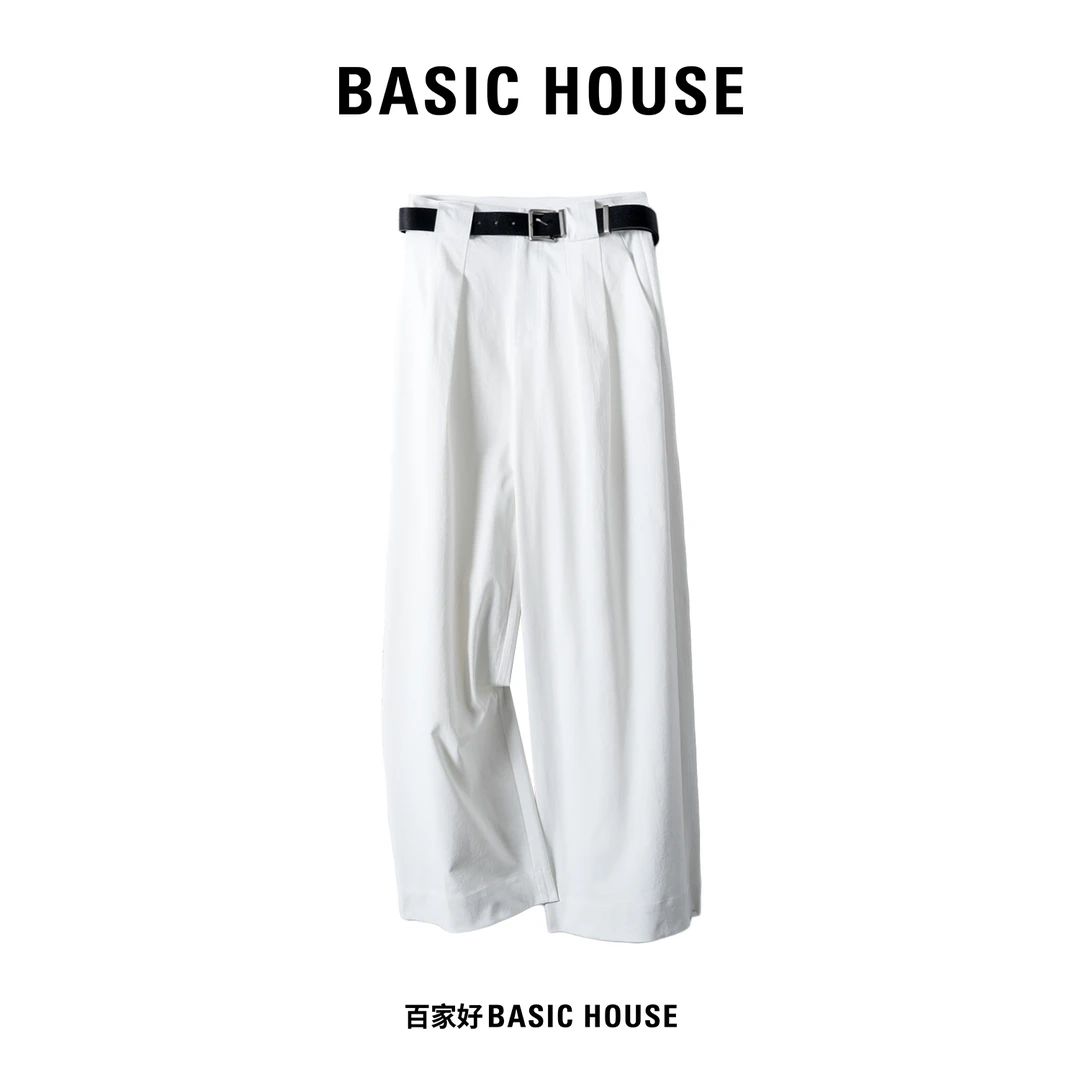Basic House/百家好2025新款宽松纯色休闲百搭褶皱休闲裤2242