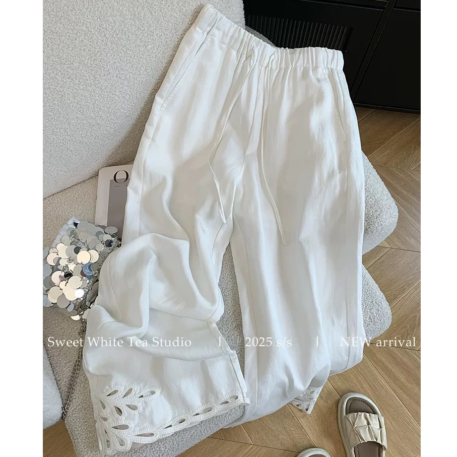 SIWAN/高级感刺绣镂空棉麻休闲裤女