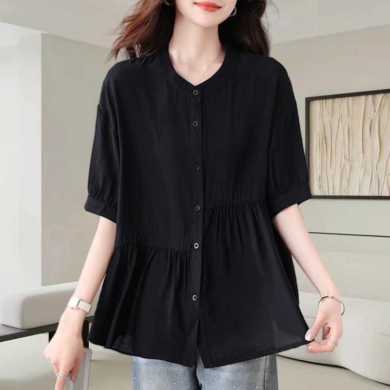 黑色圆领短袖衬衫女士夏季2025新款时尚减龄宽松遮肚显瘦休闲上衣