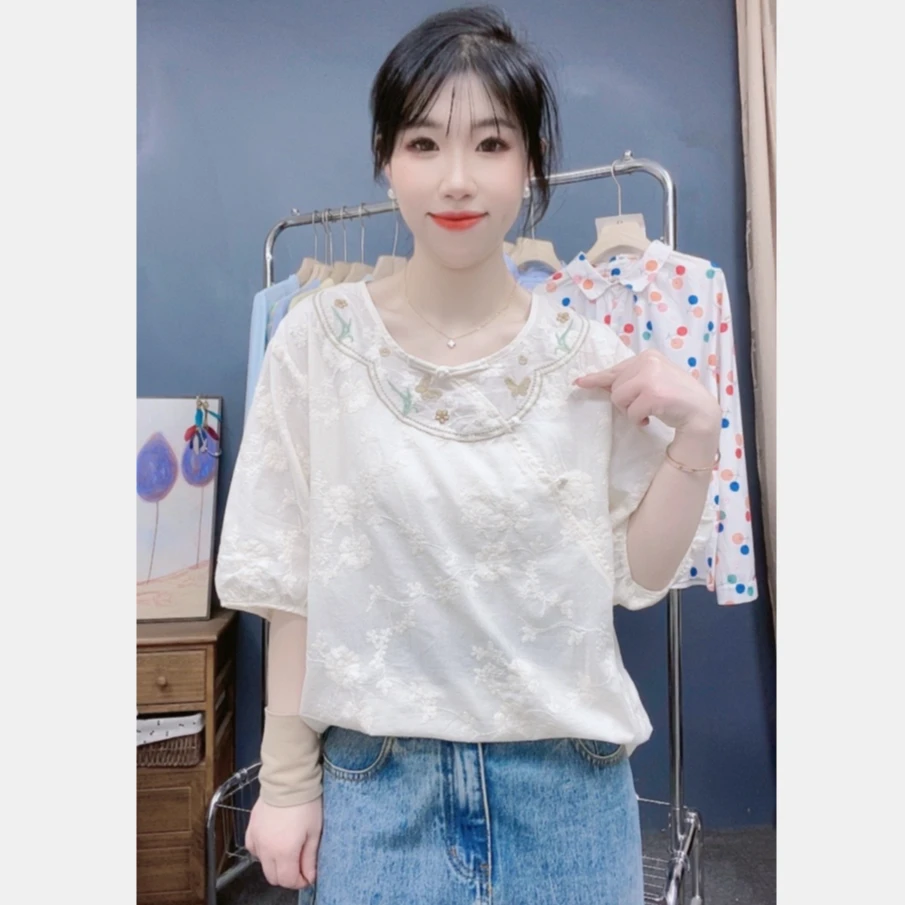 新中式国风复古盘扣蝴蝶刺绣夏季圆领短袖上衣宽松百搭中袖衬衫女