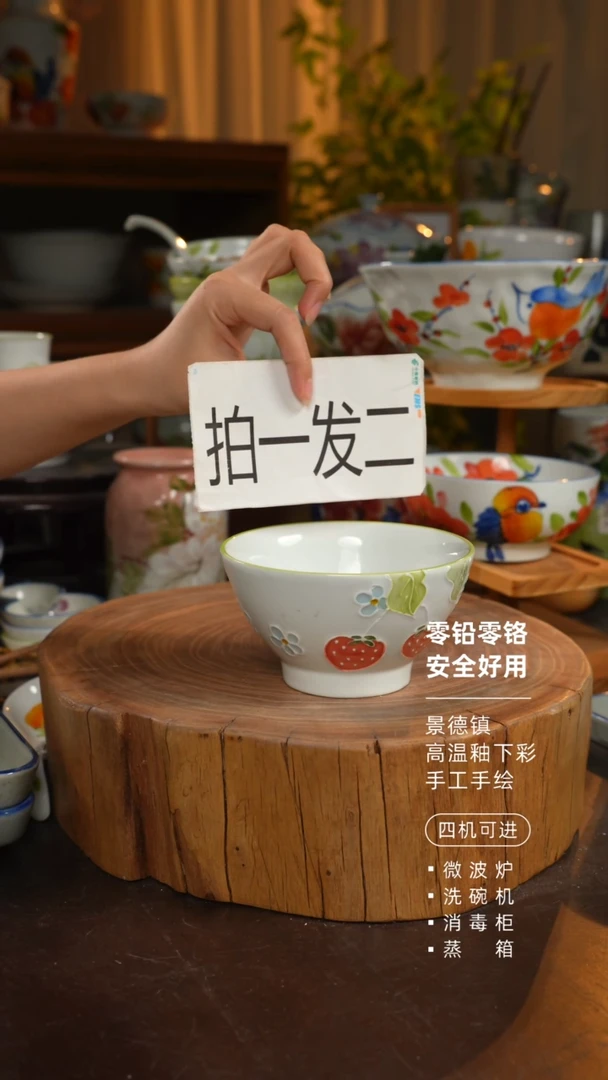 瓷2个景德镇高温釉下彩食品级5寸斗笠