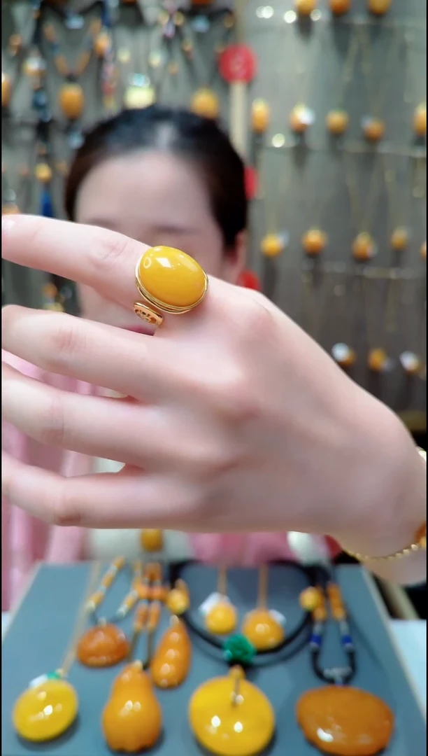 蜜蜡银S925镀金镶嵌戒指﹣C771蜜蜡戒指