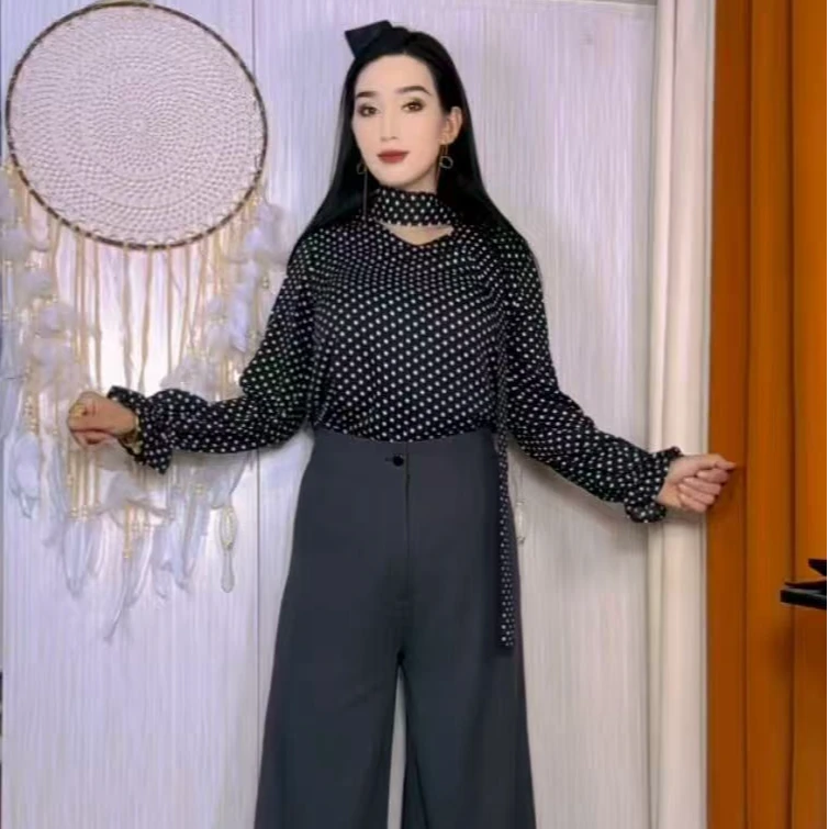 简约阔腿裤秋季波点长袖衬衣百搭时尚女士设计师高腰