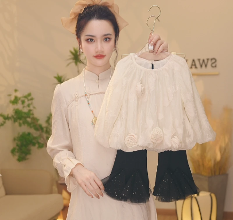 【Y.d3863】25春季女童圆领重工花朵长袖网纱喇叭裤设计师款套装