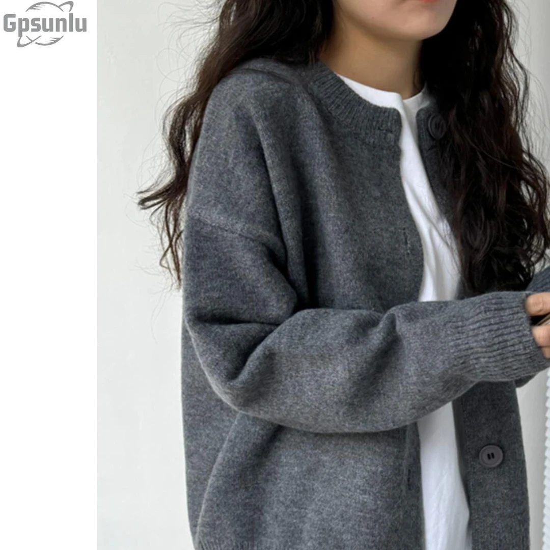 gpsunlu灰色针织开衫女式秋冬新款圆领韩式纽扣时尚显瘦针织上衣