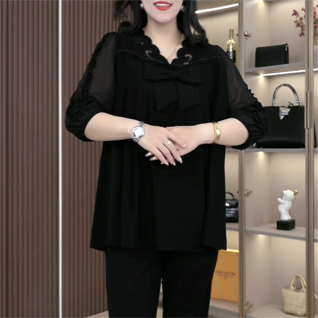 丹思慕大码女装夏季新款花边提花显瘦时尚气质洋气遮肚上衣250932