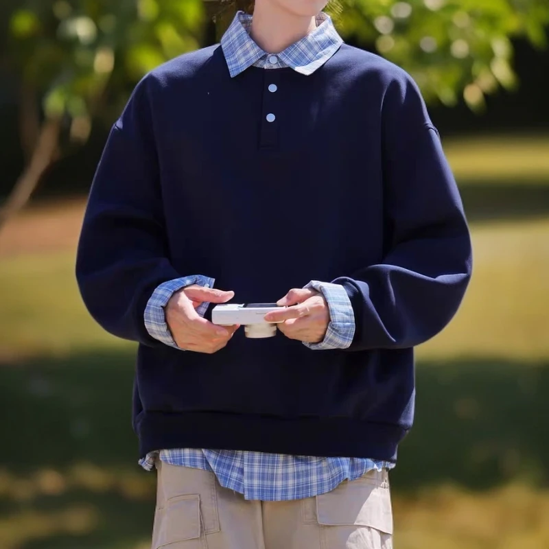 藏青色格纹拼接长袖t恤男款秋季正肩Polo衫美式情侣潮流卫衣外套