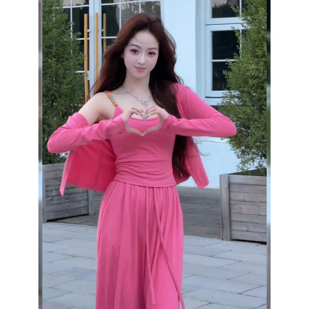 温柔风气质串珠吊带上衣开衫阔腿裤女装2025秋冬新款辣妹休闲套装