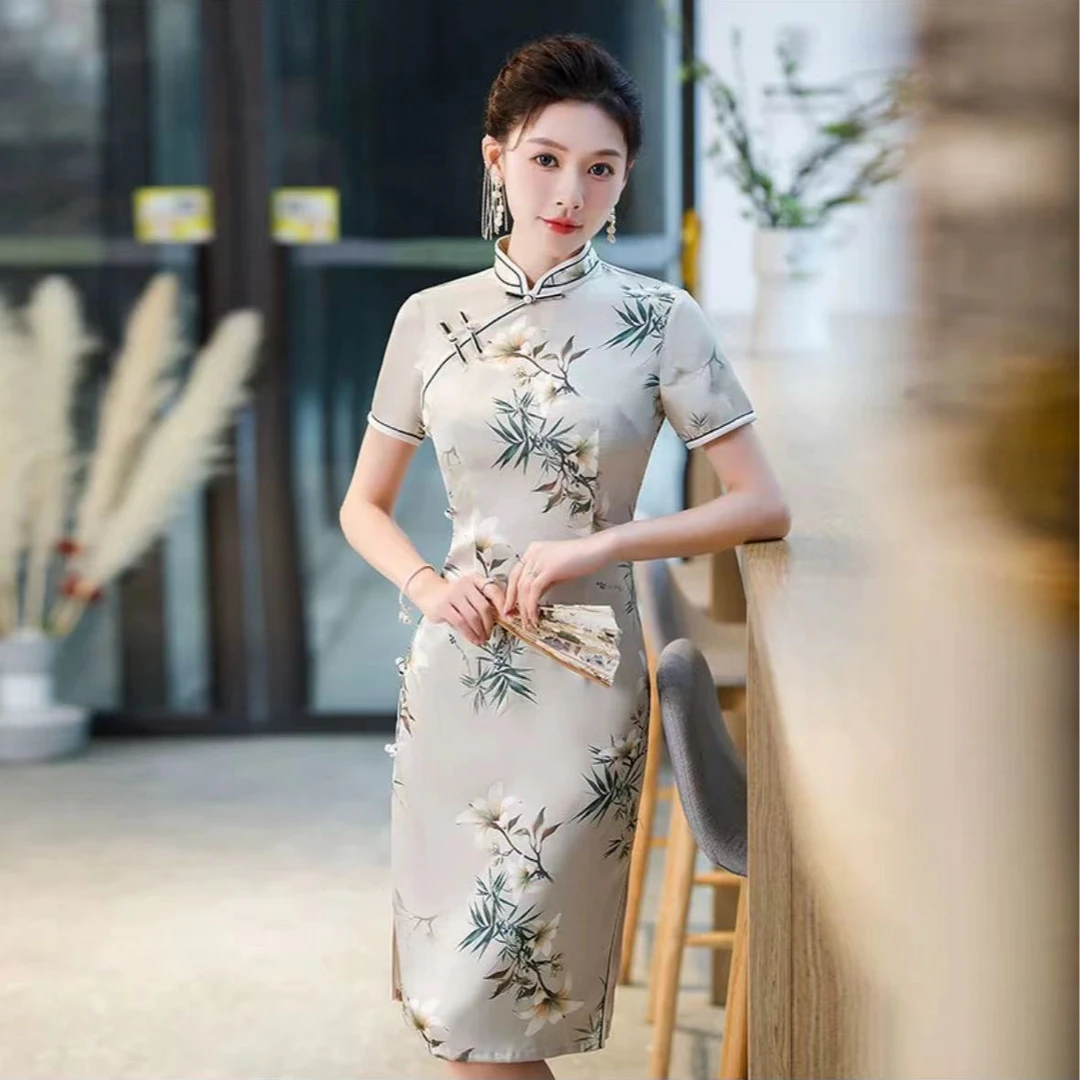 337-香檳 花色 中長 改良旗袍