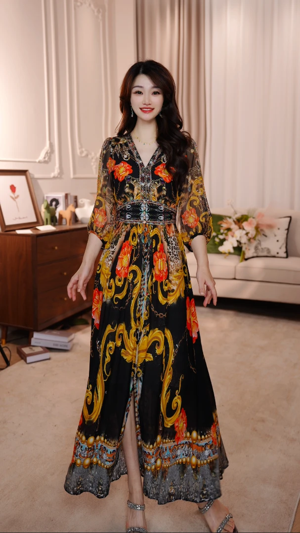 【月光舒曼】25年定位花时尚名媛风优雅气质收腰高端连衣裙