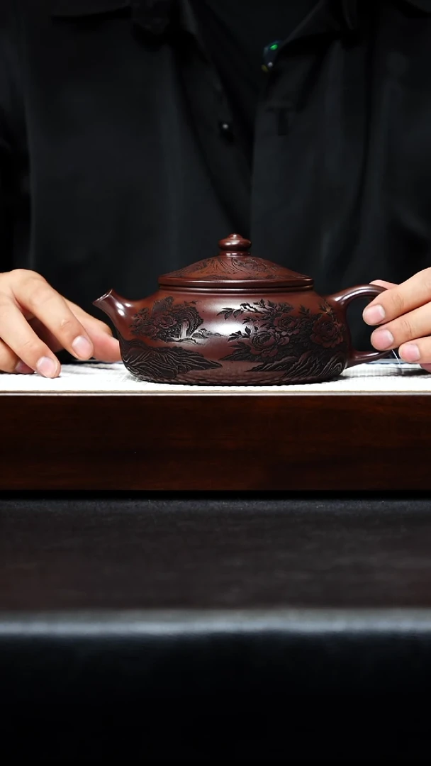 茶杯紫砂宜兴紫砂 山水花鸟寒江 石红