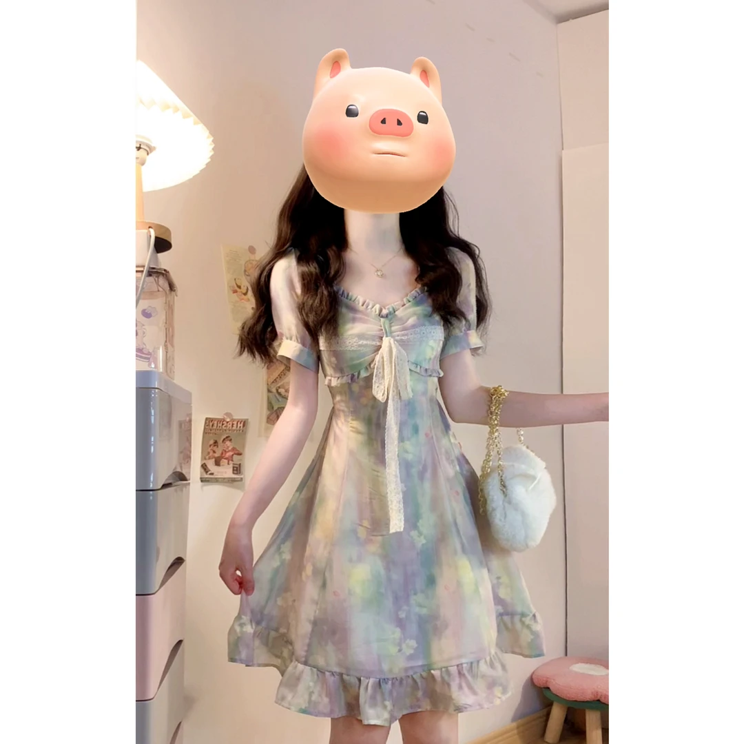 大码胖mm氛围感艺术彩色油画拼接蕾丝短袖连衣裙 长裙短裙