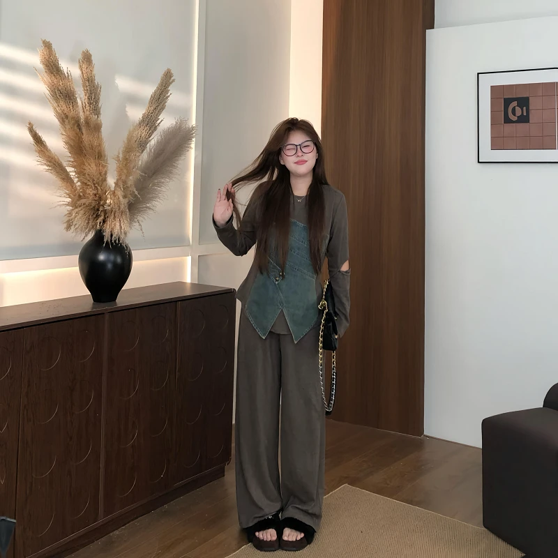 盈盈&南岛风大码女装拼接牛仔长袖上衣胖mm显瘦休闲裤套装ZYY2173
