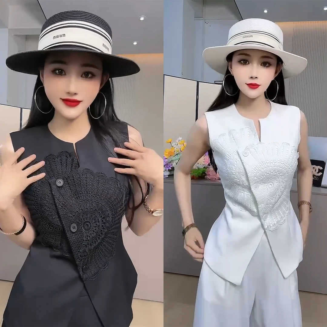 80745新款 时尚百搭不规则无袖上衣+阔腿裤套装 蕾丝拼接显瘦套装