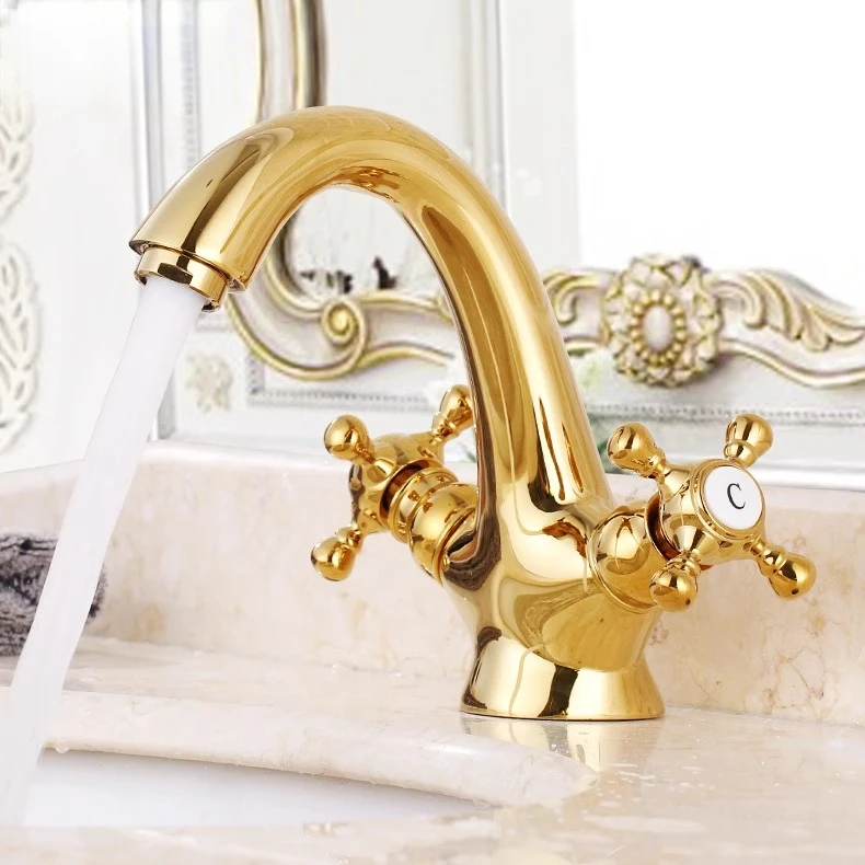 法式复古水龙头全铜羊角面盆洗手盆龙头古典浴室金色双把手冷热水