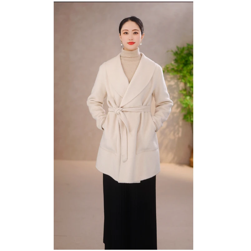 直播间特价 25年春百分百绵羊毛青果领腰带廓形外套短大衣A3801