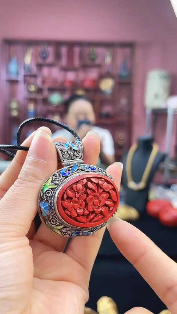 非遗 花丝镶嵌雕漆吊坠 素银 椭圆