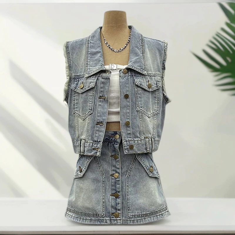 B6159港风炸街减龄无袖毛边牛仔马甲上衣高腰半身裙工装两件套装