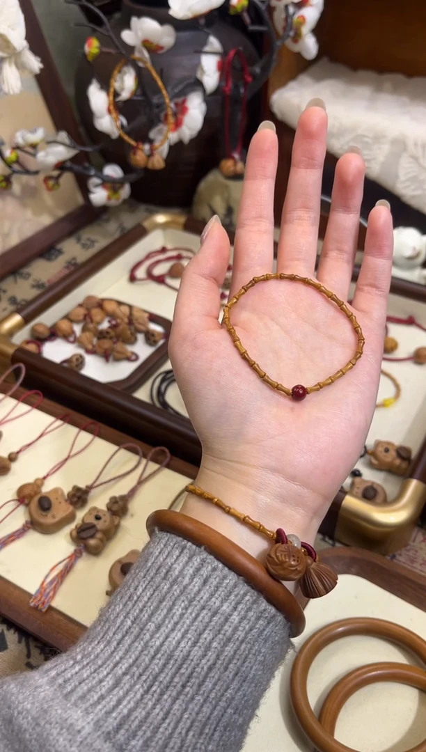 手串桃核【桃缘行】竹节「红色莎莎」桃木桃核辟、挡、驱、护 备注手围