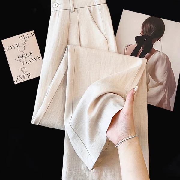 拉夏贝尔高级感时尚休闲裤2025年夏季薄款高腰显瘦舒适直筒阔腿裤