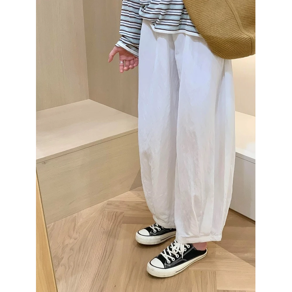 日系简约白色休闲灯笼裤女夏季薄款宽松显瘦慵懒风九分气球裤