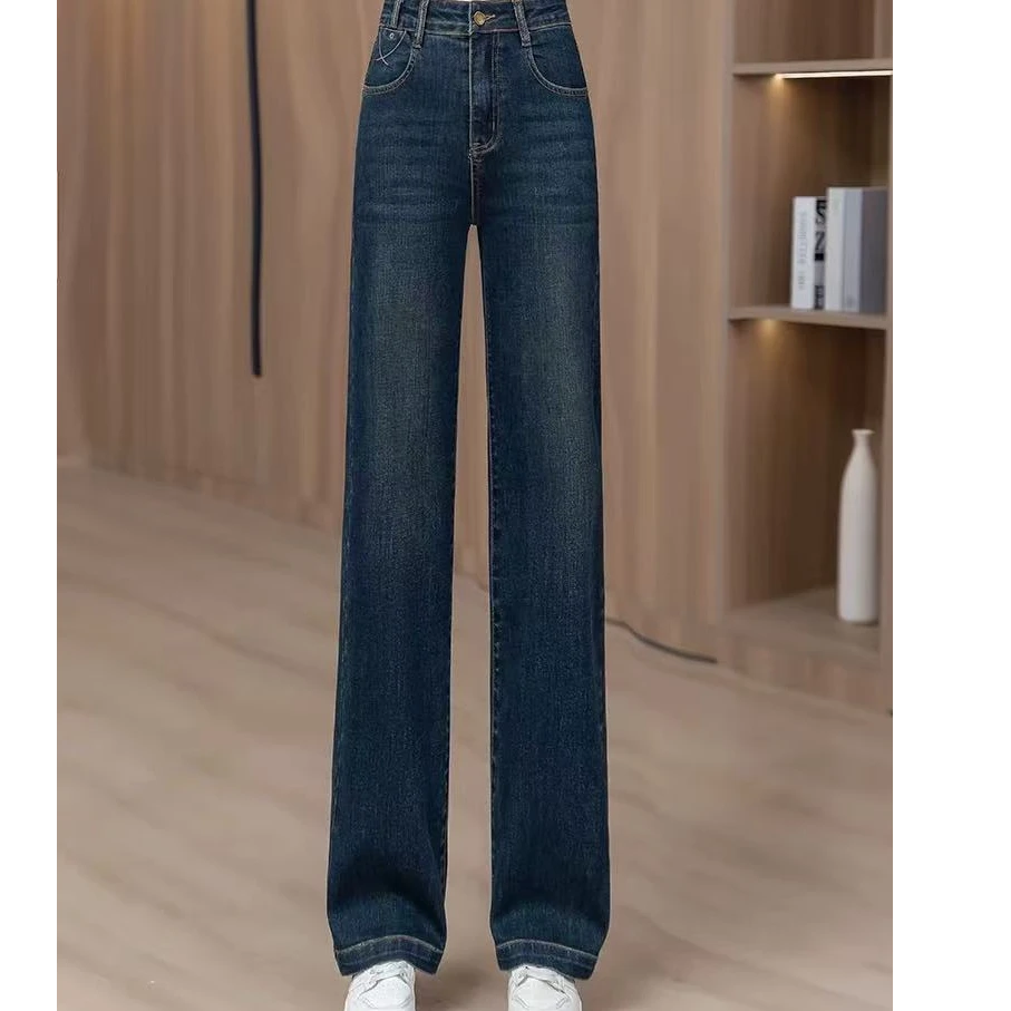 （裤长100）水泥灰窄版阔腿牛仔春秋高腰显瘦长裤宽松春秋直筒裤