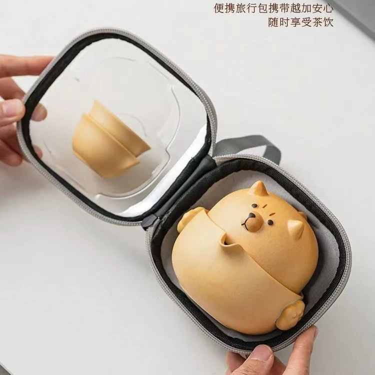 文创 柴犬 一壶二杯户外便携式家用旅行茶具AA133