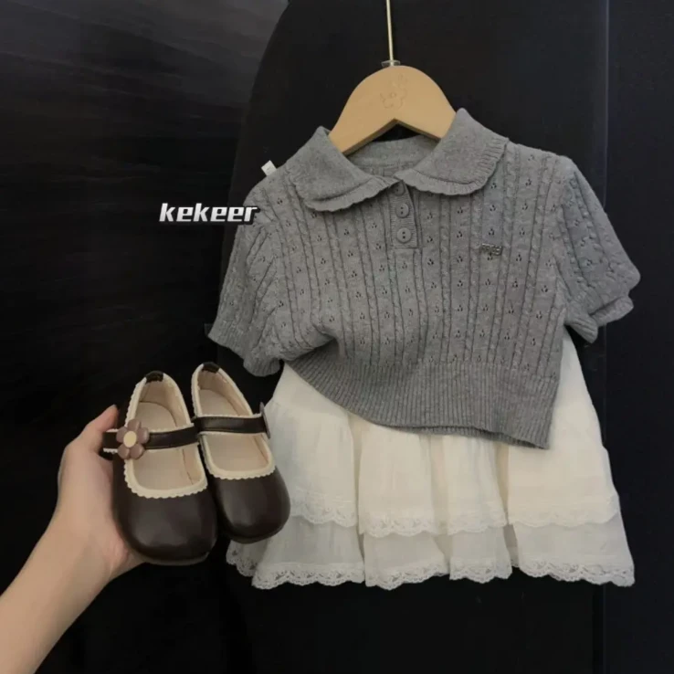【亲子款】女童夏季新款T恤韩版针织短袖翻领上衣洋气百搭灰色上衣