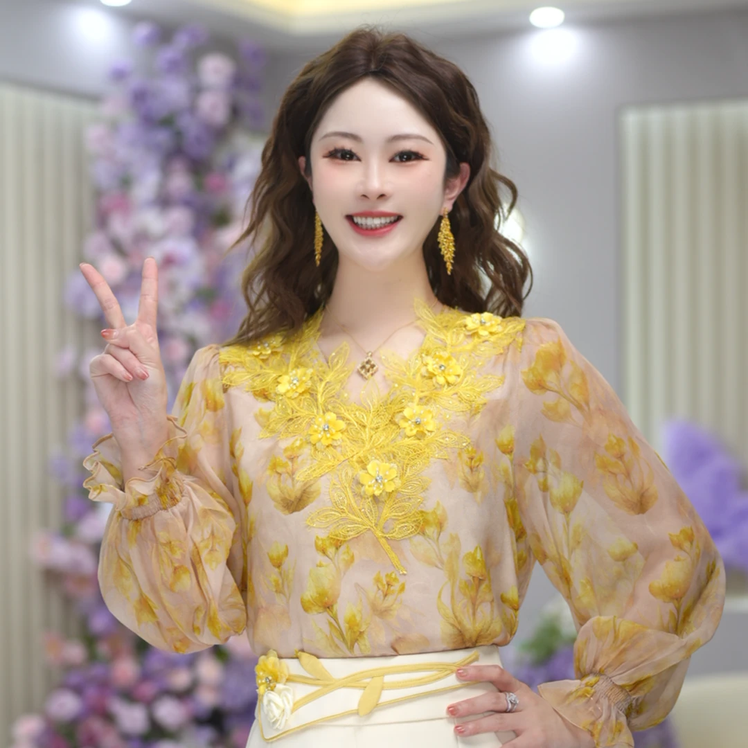 米娅 春季新款洋气减龄气质碎花衬衫重工设计感上衣女 DY5690