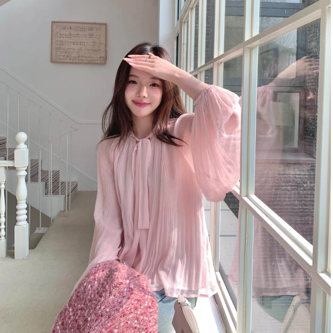 CHERI.Z日暮叠纱 温柔到骨子里~重工压皱慵懒风泡泡袖春秋衬衫