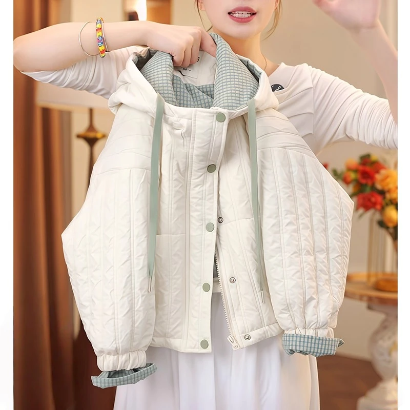 女童连帽二棉加厚外套2025新款秋冬夹棉格子拼色绗棉加棉保暖棉服