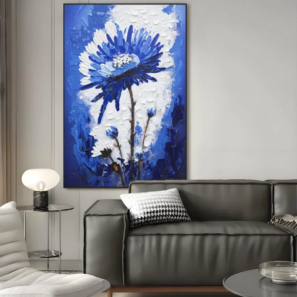 益师傅姬肌理油画高级感花开富贵克莱因蓝客厅玄关装饰画花80120