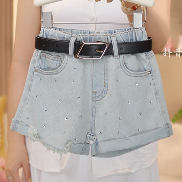 女童2025夏季新款时尚蓝色亮钻高腰水洗软牛仔短裤-8553