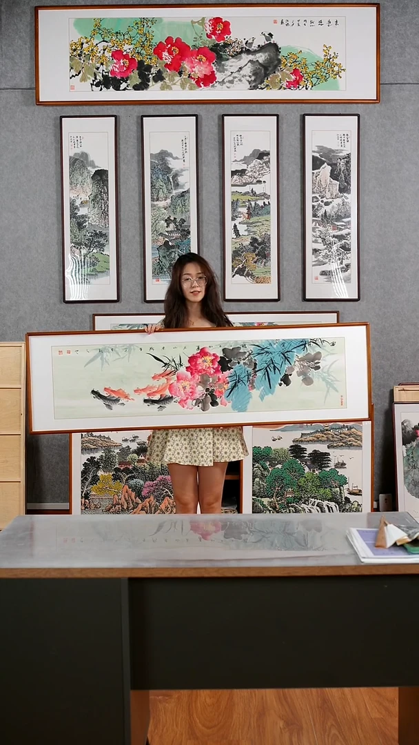 国画阿里丁 《富贵有余》手绘含框162*47厘米