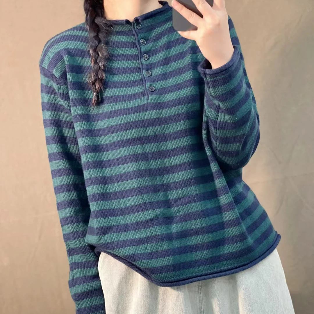 【燕子严选】文艺拼色条纹纽扣毛衣61923